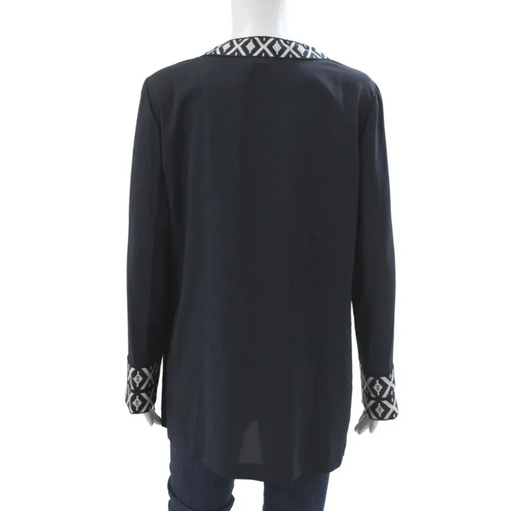 Tory Burch Women Tunic Blouse V-Neck Geometric Long Sleeve Zip Black Size 12